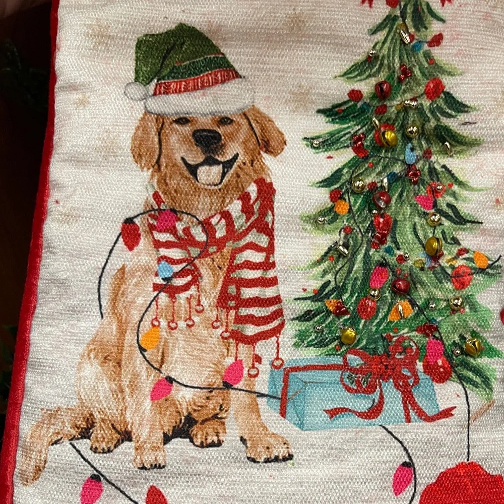 Christmas Dogs Pug & Golden Retriever Beaded Holiday Christmas Stocking NWT